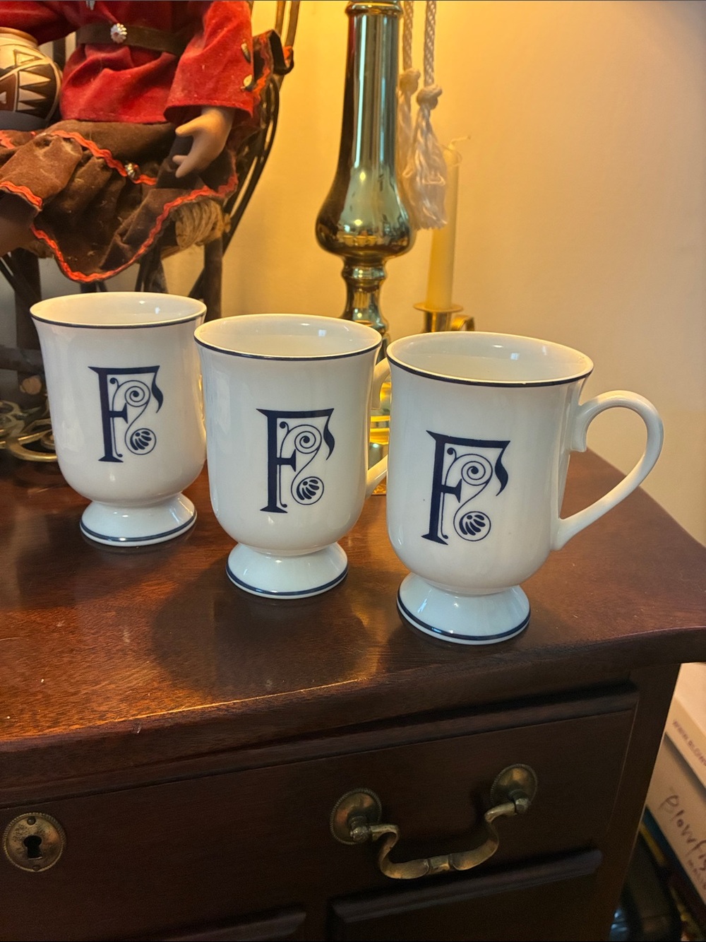 Set of 3 Vintage GHC Monogram Initial F Pedestal Ceramic Coffee Mugs Navy